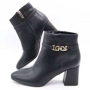 Liz Claiborne Monte Black Ankle Boots Block Heel Size 7 M Gold Buckle Accent